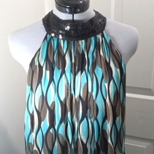 Zara Teal and Black Patterned Midi Dress